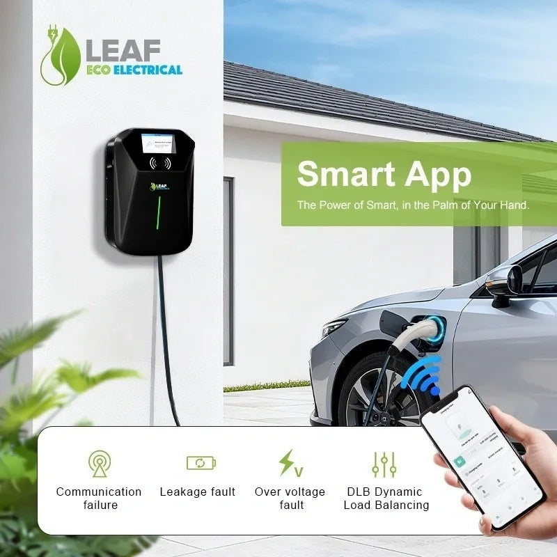 LEAF 7.4kW Tethered EV Charger – Black | Smart Wi-Fi | Type 2