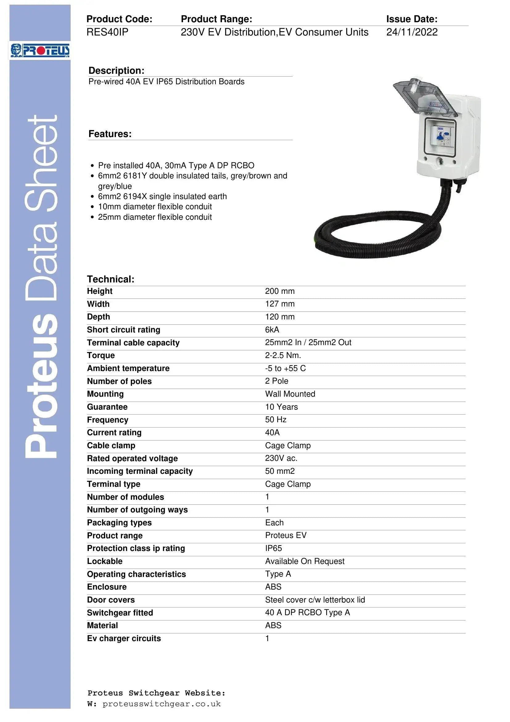 Proteus Pre-Wired 40A EV Distribution Board | Type A RCBO | IP65