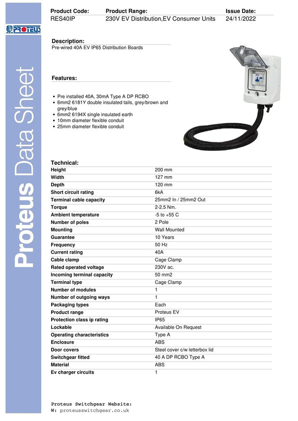 Proteus Pre-Wired 40A EV Distribution Board | Type A RCBO | IP65