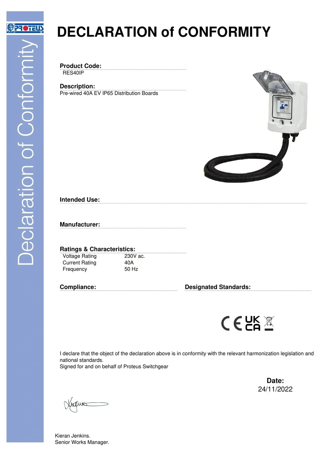 Proteus Pre-Wired 40A EV Distribution Board | Type A RCBO | IP65